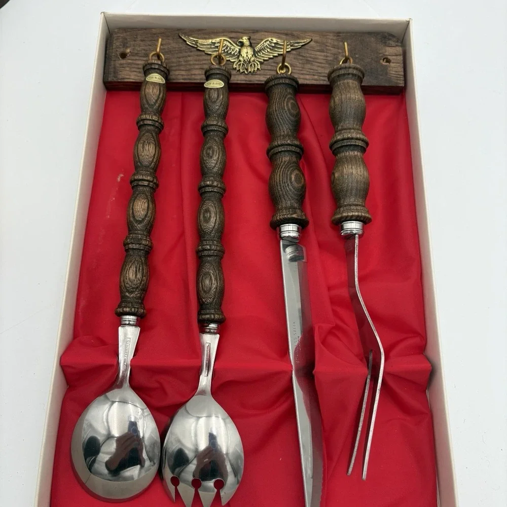 1970's Wood Handled Salad Serving & Carving‎ Set Hanging Display NEW Retro Eagle